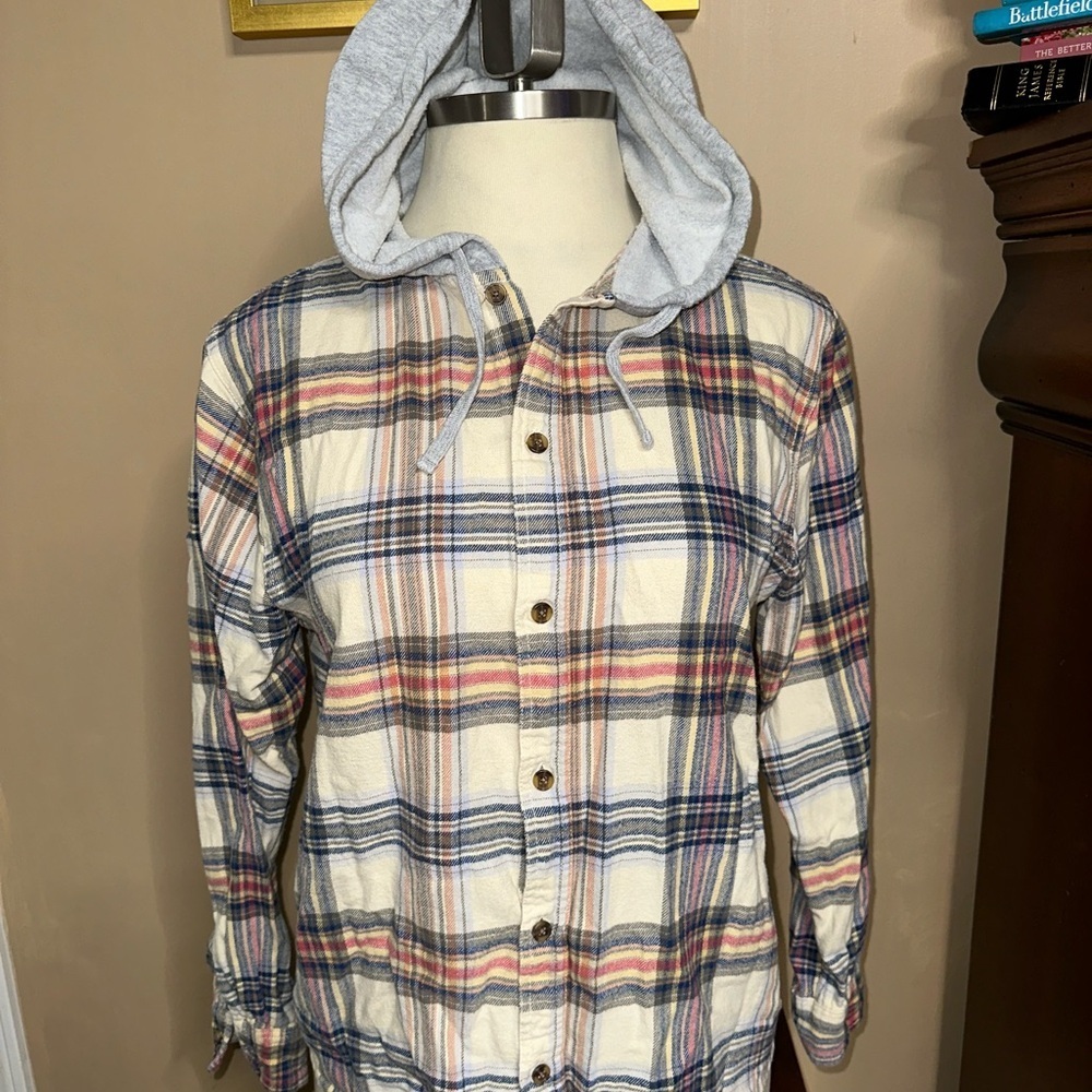 PacSun Cream Multi-Plaid Hooded Flannel